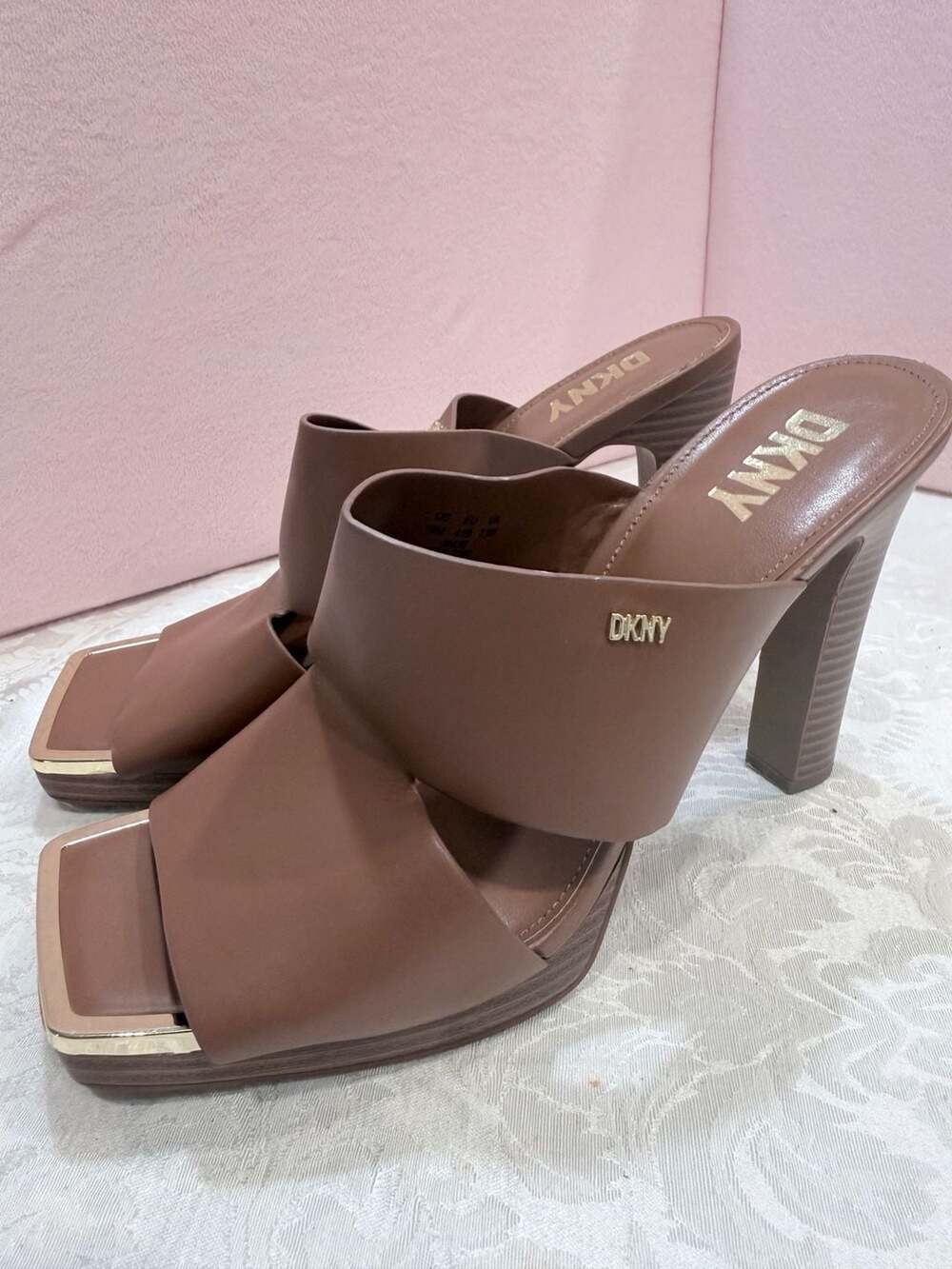 DKNY Jalie LRT-2302 Brown Leather Square Toe High Heel Mules Size 10
